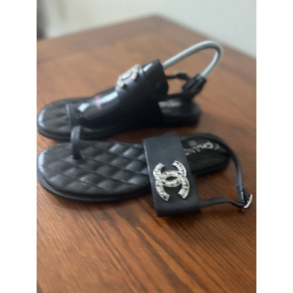 Chanel Black Quilted Leather CC Logo Thong Sandals, Size 39